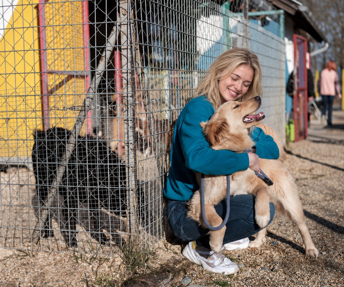 Lily cuddling a golden dog beside shelter kennels