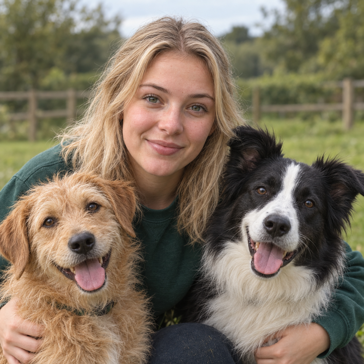 Lily, blonde and wearing a green sweatshirt, sitting closely with two dogs